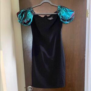 Theia Black Sheath Mini Dress with Blue Puff Sleeves